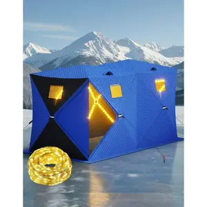 Garvee Pop-Up Ice Fishing Tent with 49Ft LED Light Strip,3-Layer Insulated Shelter for 3-8 Person, Portable Waterproof Oxford Ice Shanty with 2 Doors/Anchors/Ropes/Carrying Bag