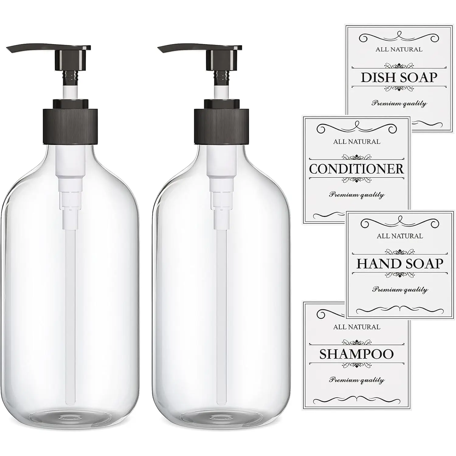2PCS Clear Dish Soap Dispenser for Kitchen with Rust Proof Pump (16 Oz), Premium Hand Soap Dispenser for Bathroom, Plastic Liquid Soap and Lotion Dispenser/Bottles Set, Waterproof Labels, Gift, Pack