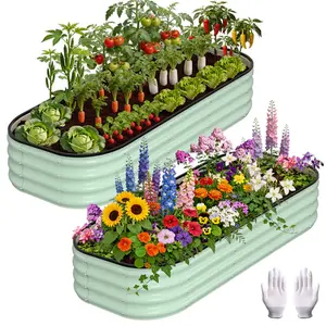[ FLASH SALE ] Garvee Galvanized Raised Garden Bed, 2Pcs Raised Garden Beds Outdoor, Rectangle Planter Raised Beds with Gloves and Rubber Edge Trim for Vegetables, Flowers and Herbs