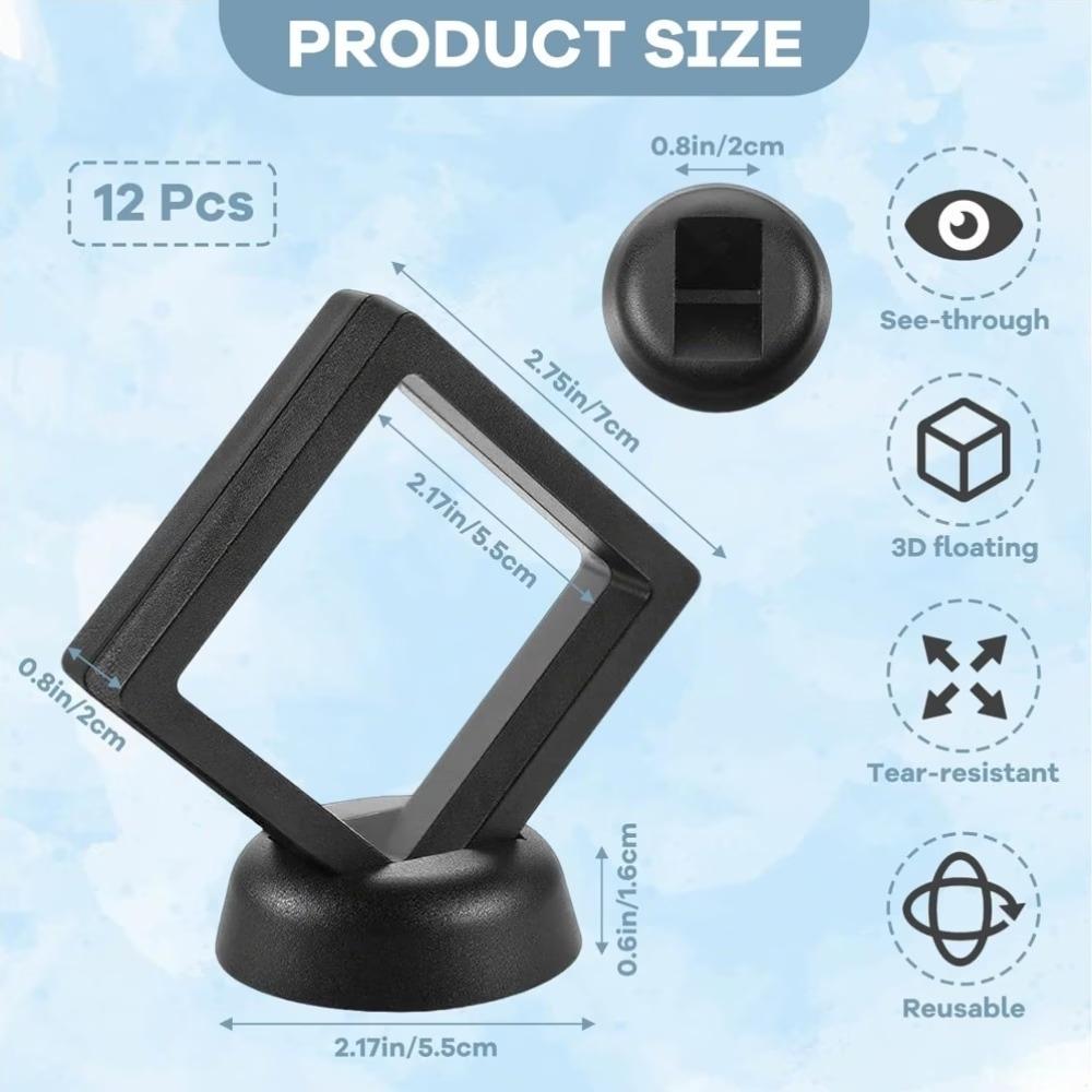 12pcs 3D Floating Frame Display Holder Stands, Transparent Jewelry Storage Box, Black Suspension Frame with Circular Support Bases for Challenge Coins Medallions Jewelry outdoorfun