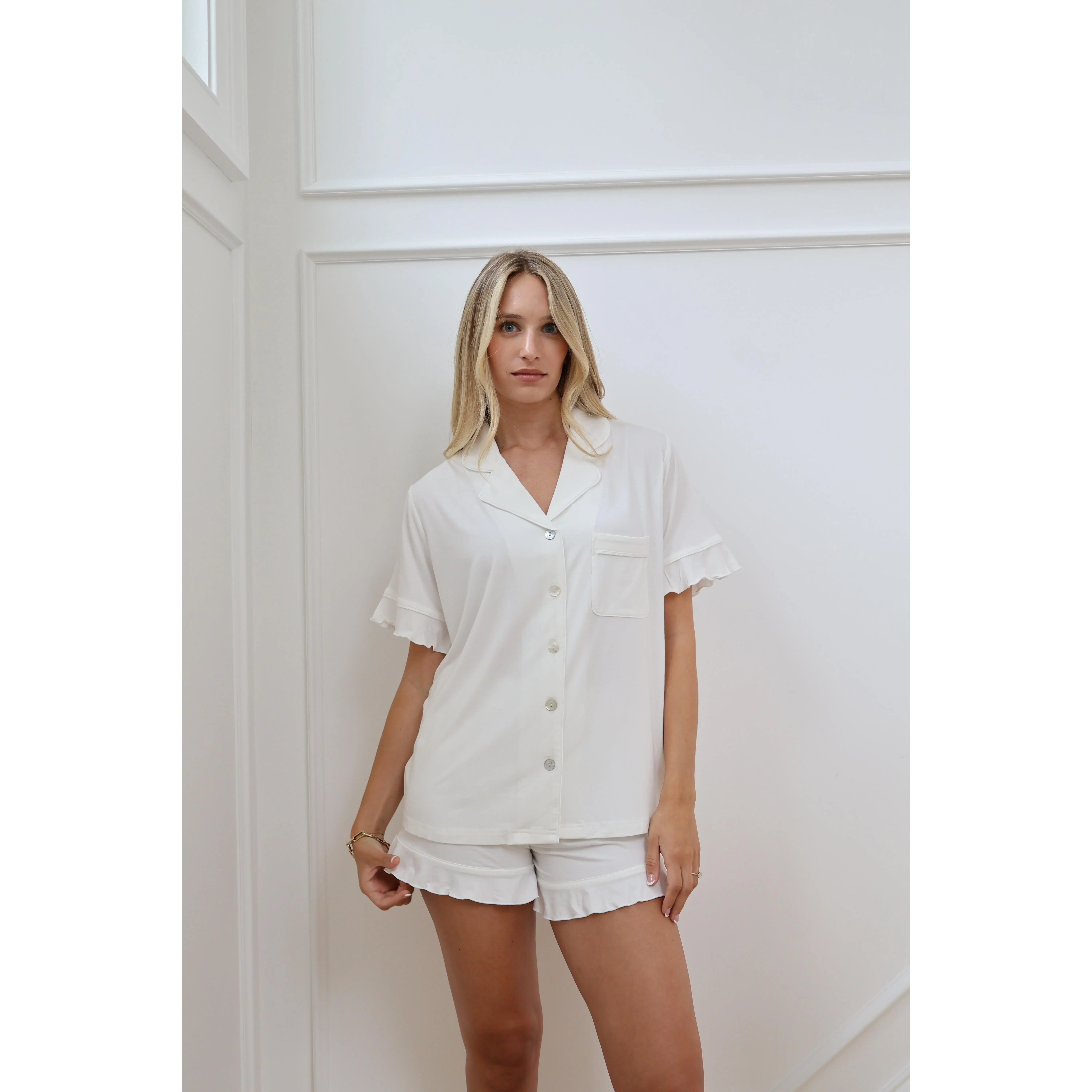 Ruffle Bamboo Pajama Short Bridal Set in Dove