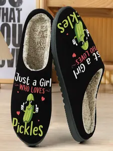 Funny Pickle Lover Cotton Slippers, Base with Humanized Fermented Cucumber Pattern, Soft Plush Lining, Casual Home Wear, Indoor Slippers