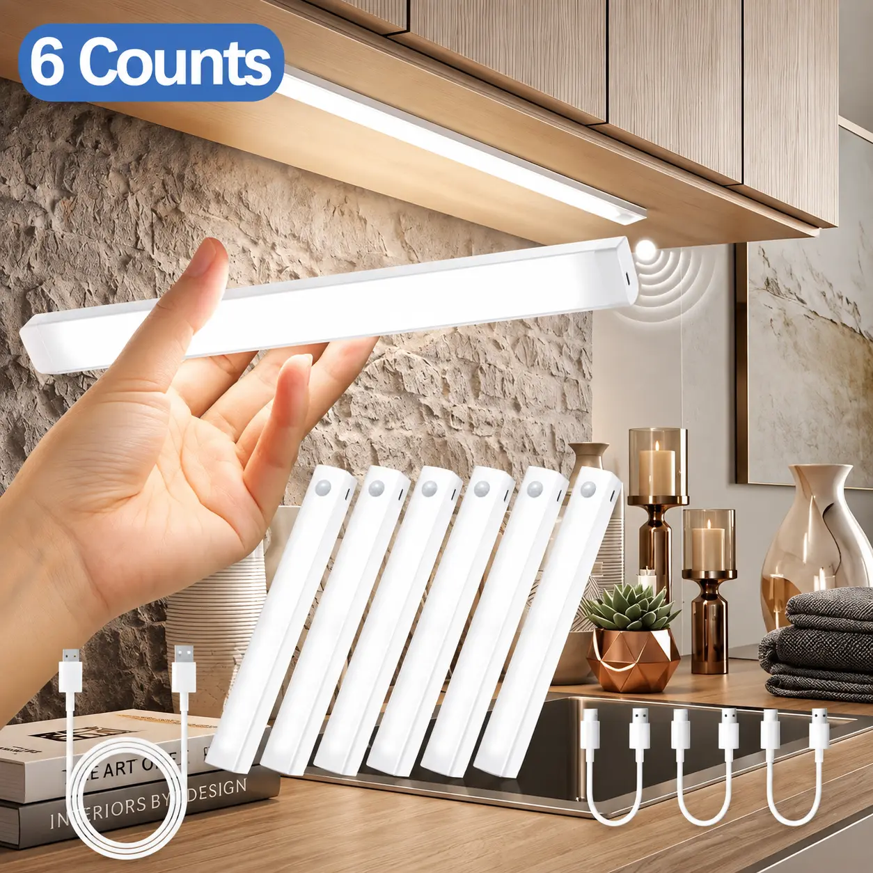 Magnetic LED Motion Sensor Light Strip Set, USB Rechargeable Adjustable Wireless Stick On, Indoor Lighting for Kitchen, Closet, Staircase, Bedroom, Wardrobe, Hallway, Cabinet, Kitchen Accessories