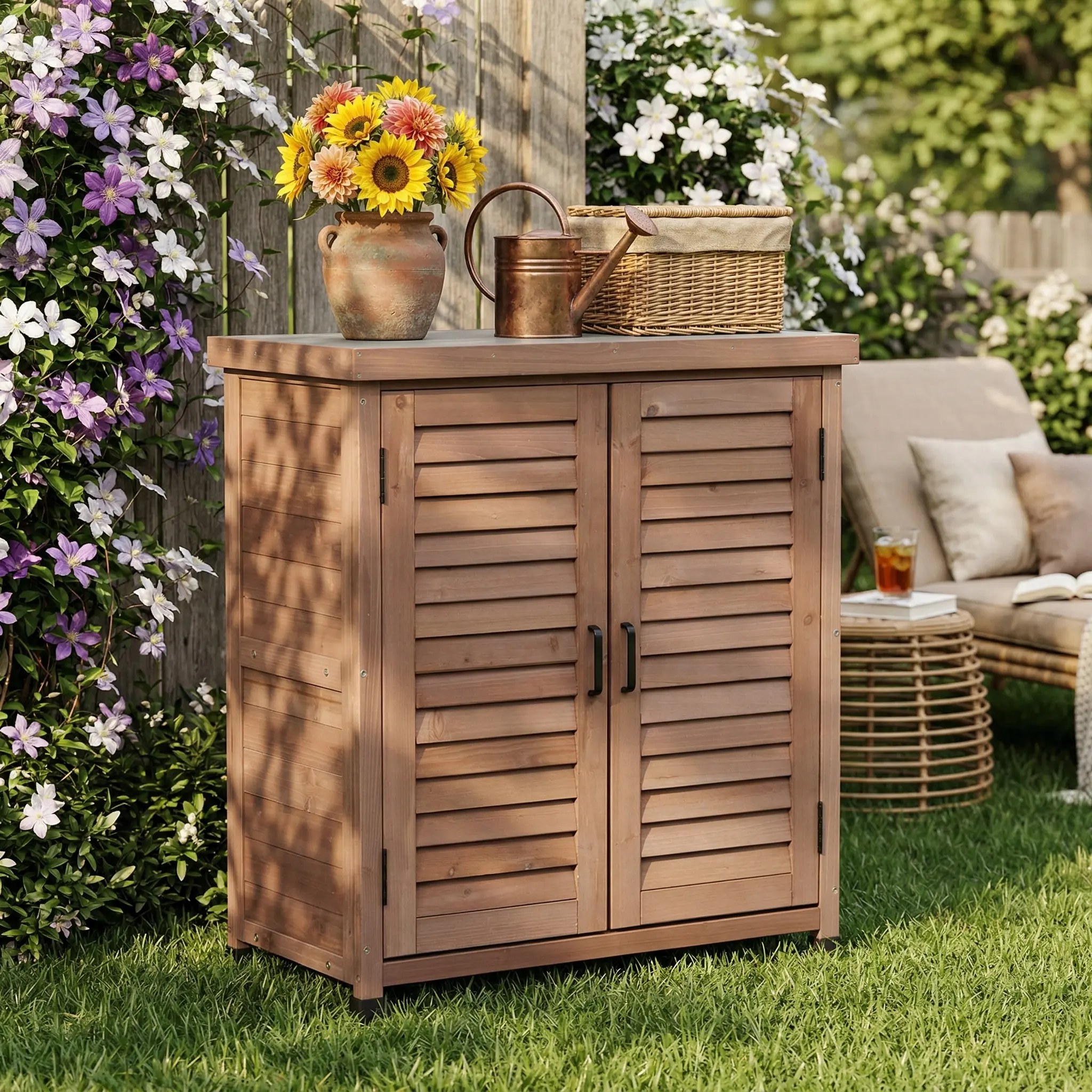 Outdoor Storage Cabinet & Potting Bench Table with Metal Top, Wooden Patio Furniture, Garden Workstation (Brown, 36 x 31.5 x 17in)