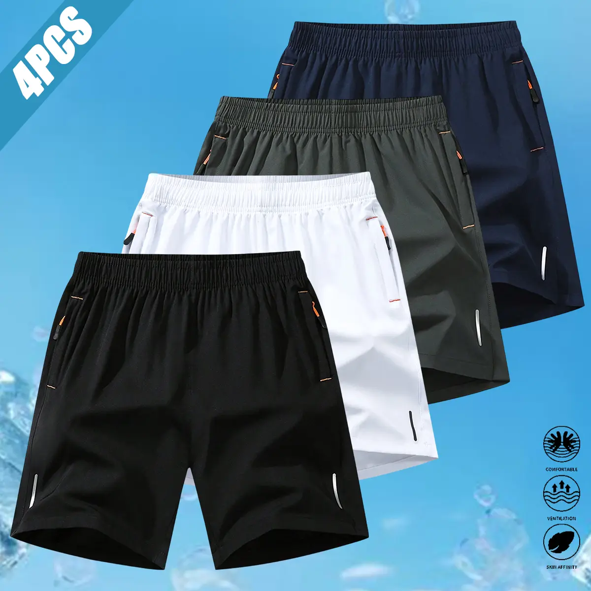 Men’s sports shorts 4-pack, solid-color men’s shorts with zippered pockets—casual, comfortable, breathable summer shorts suitable for soccer, basketball, badminton, running, fitness, and other occasions. Men’s bottoms; summervibes everyday menswear bottom