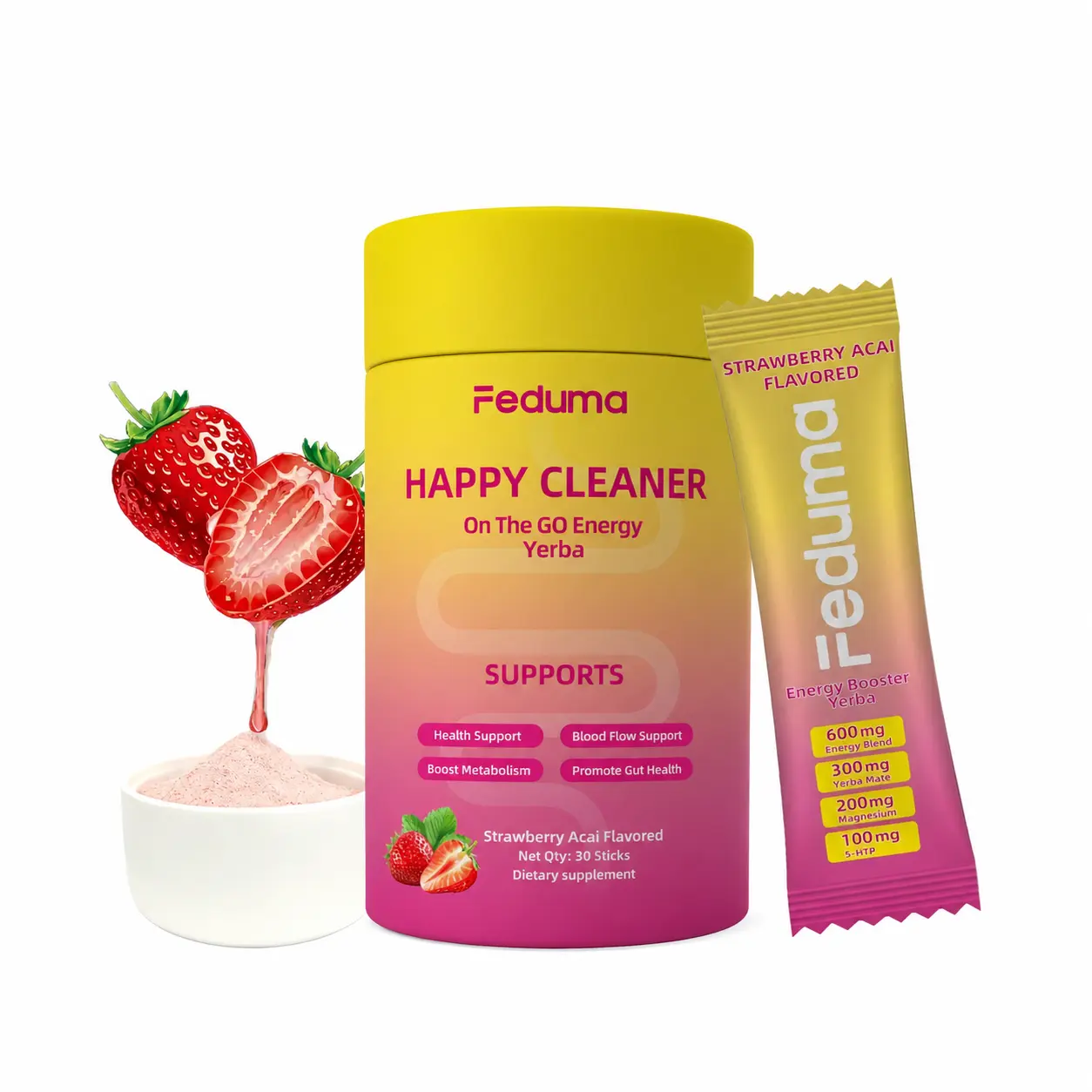 Feduma Happy Cleaner Drink Mix ，Strawberry ，Flavor Natural Berberine Chromium 5-HTP, Yerba Mate,Magnesium 【30 Sticks】 , cutting drink mix
