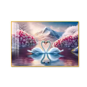 Luxury Crystal Percaline swans Wall Art with Rose Gold Metal Frame | Elegant Floral  Painting for Living Room, Bedroom & Office Decor 24x36 inches
