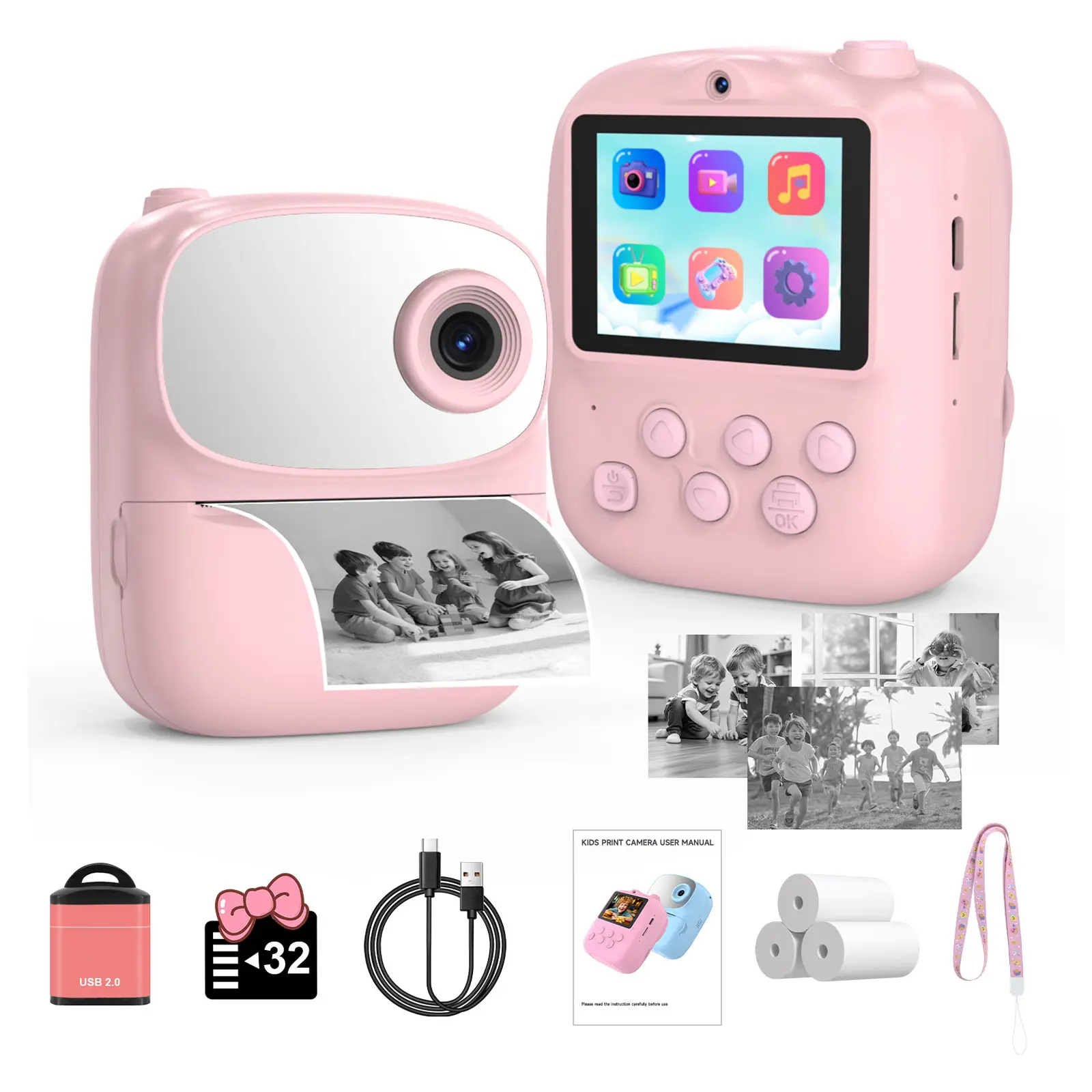 【SummerWins】Kids Instant Print Camera (with 3 Rolls of Paper), 2.4" LCD Screen, Rechargeable 1080P Pocket Camera, 12MP Photos, Thermal Paper Printing (No Ink Needed), Birthday Gift for Boys & Girls, Portable Lens Camera, FathersDayGift,father'sdaygifts