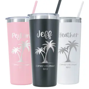 22 oz Personalized Palm Tree Vacation Tumbler with Handle & Lid – Stainless Steel Water Bottle with Straw – Spill Proof Travel Tumbler for Women – Leakproof Insulated Coffee Tumbler – Cute Sublimation Tumbler for Hot & Cold Drinks, Beach or Road Trips