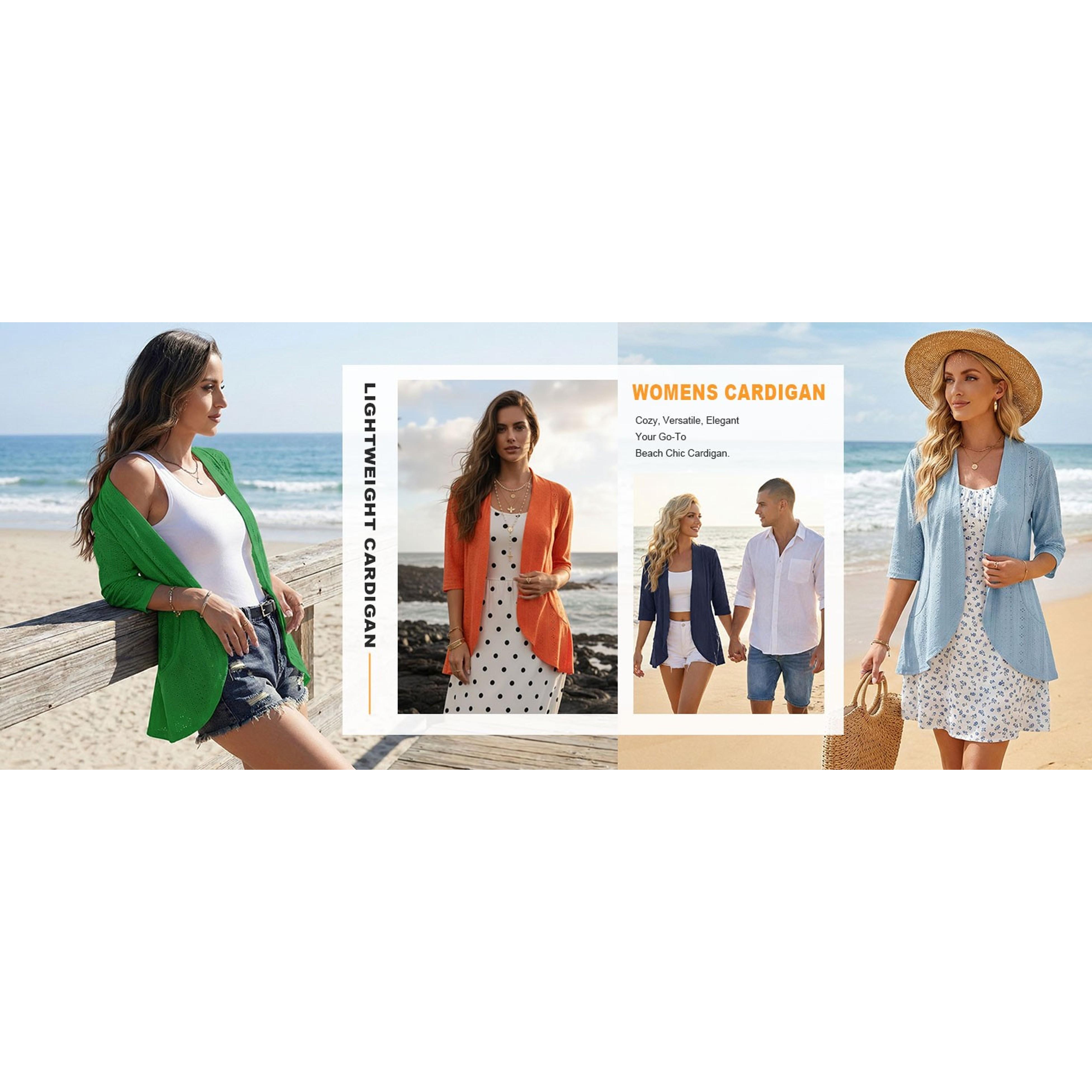 Women Cardigan 3/4 Sleeves Open Front Lightweight Soft Netted Knit Draped Ruffles Cardigan Kimono Cover Ups
