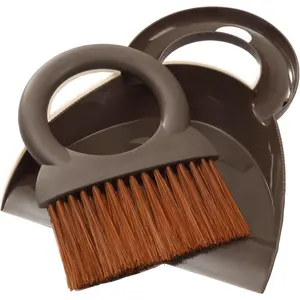 Round Handle Brush and Dustpan Set Small Broom & Dustpan Portable Handheld Sweeper for Desktop Sofa Floor Pet Nest (Coffee)
