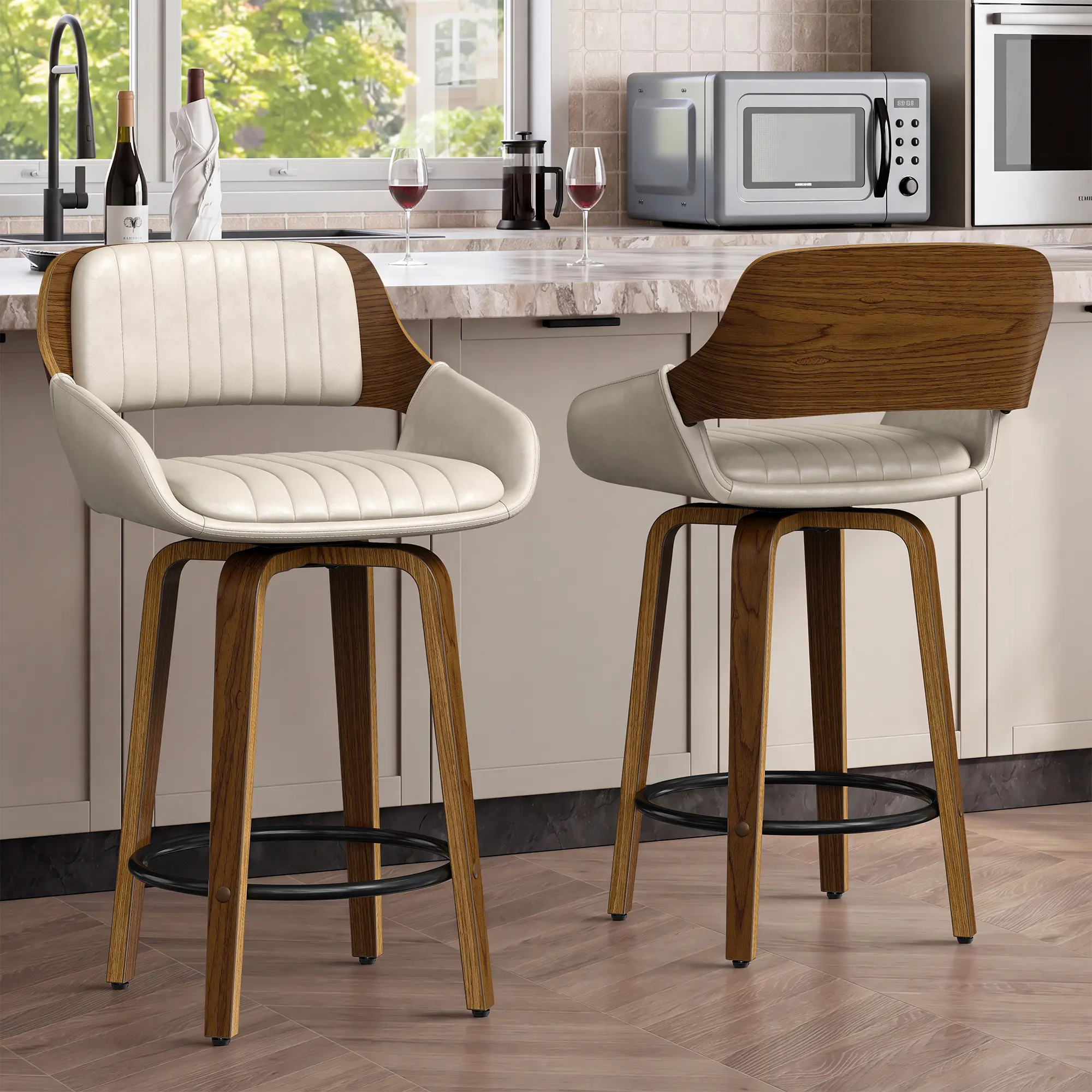 Retro-style bar stools with backrests, bar stool set, skin-friendly material, adjustable metal legs, 360-degree swivel, high-density foam for long-lasting comfort, suitable for lounges, dining rooms, and kitchen islands