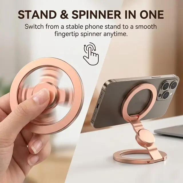 Magnetic Phone Stand & Fidget Spinner Combo, Adjustable Dual Magnetic Ring Holder with Durable Grip, 360° Rotation, Foldable, MagSafe Compatible, Landscape-Ready Stress Relief Accessory for Home/Office, Car/Desk Phone Mount