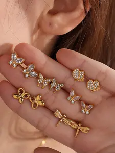 18K Gold Plated Butterfly Stud Earrings, Stainless Steel Cubic Zirconia Cartilage Earrings for Women