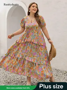 Plus Size Floral Print Puff Sleeve Tiered Layer Ruffle Hem A Line Dress, Boho Fashion Short Sleeve V Neck Long Dress for Daily Holiday Vacation Wear, Women Plus Clothing for All Seasons, Casual Wear, Lady Clothing