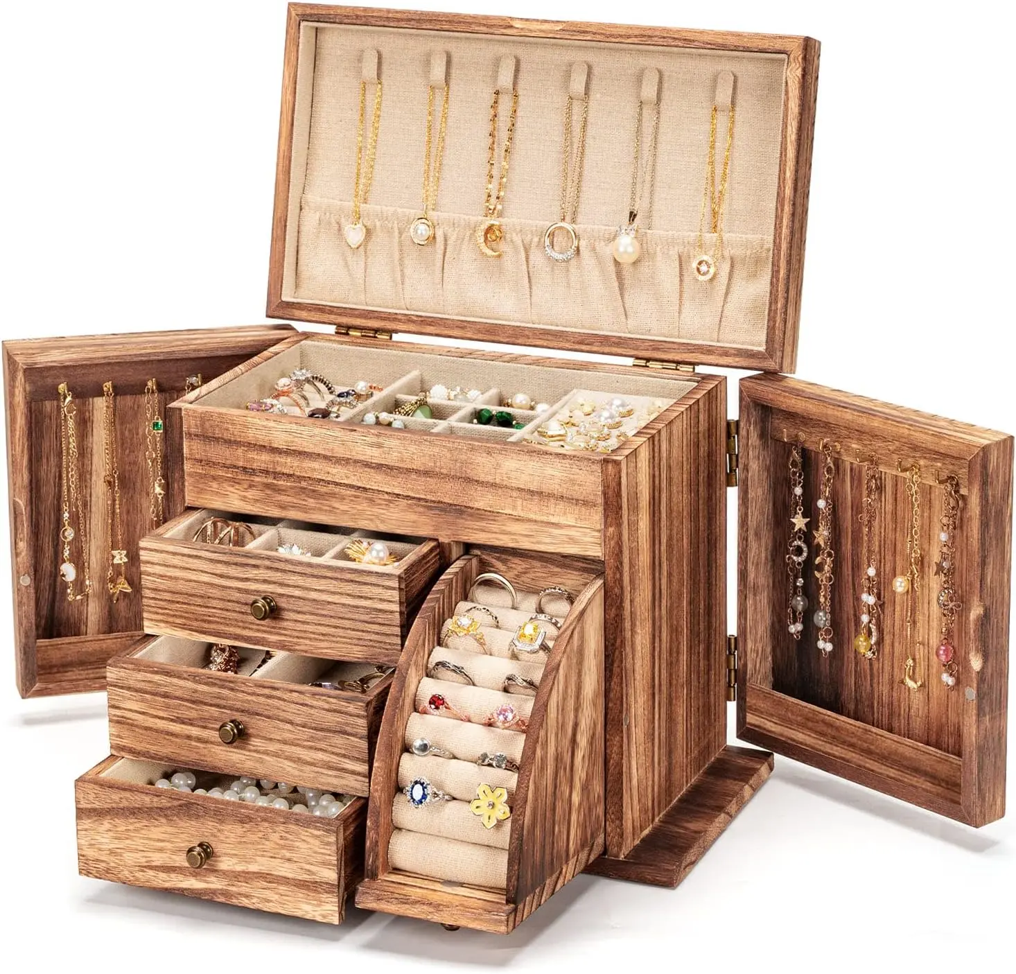 Nature Linen Wooden Jewelry Armoire Organizer Box - Rustic Carbonized Brown Dresser Organizer for Women’s Necklace, Ring, Earring, Bracelet Storage & Display, Gift Option, Farmhouse