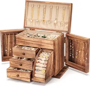 Box Organizer, Solid   Boxes for Women for Storage & Display Necklace Ring Earring Bracelet, Rustic Style  Organizer Box for Women Gifts (Carbonized Brown)