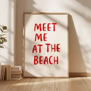 [UNFRAMED POSTER] Meet Me at the Beach Red Coastal Wall Art, Trendy Summer Aesthetic Poster Digital Print, Preppy Printable Art, Retro Beachy Decor