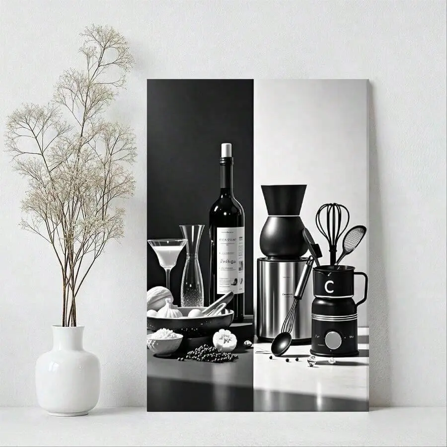 1pc Framed Canvas Poster, Black And White Kitchen Canvas Wall Art Dining Room Wall Decor Wine Bottle Seasoning Spoon Kitchen Picture Poster Wall Art Canvas Paintings, Ideal Gift For Bedroom Living Room Corridor, Wall Art, Room Decoration, 2D Flat,shadow