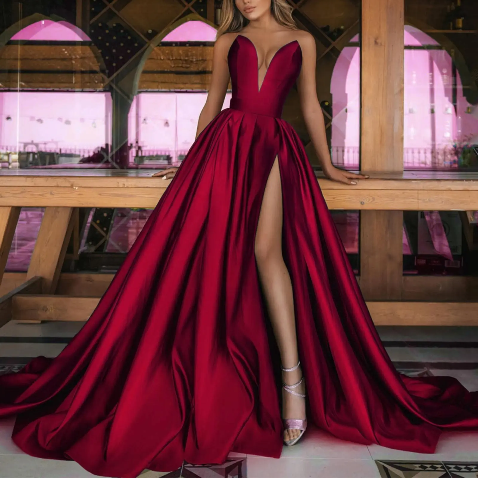 burgundy dress with train Mermaid Off-the-Shoulder Sweep Train Burgundy Long Prom Dress PG792 US14 / Burgundy main image 0
