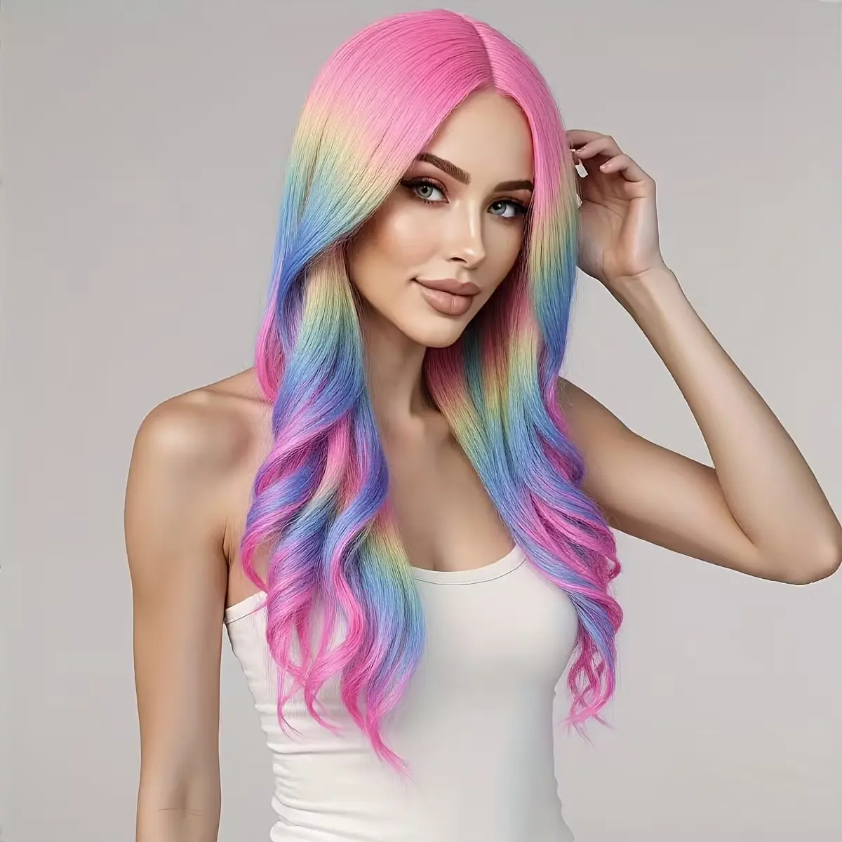 Women's Long Curly-Wave Rainbow Ombre Synthetic Costume Wig, Heat-Safe, Glueless On/Off, Easy Clean Upkeep, for Daily Use & Party Cosplay, Curly Waves