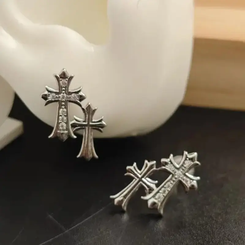 Double Cross Zircon Stud Earrings, Copper Zircon Cross Pendant, Unisex Couple Jewelry, Perfect Valentine's Day Gift, Men Sleeper Earrings, Earrings Studs, Sleepers Earrings Men