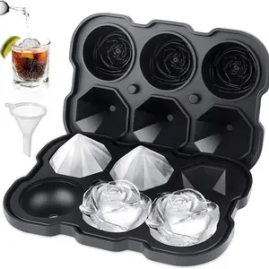 Silicone Rose Ice Cube Molds, Diamond Shape Ice Tray with Lid, 6 Large Release Ice Cubes for Cocktails, Drinks, Whiskey, Bourbon, Homemade Juice, Ice Cubes Maker