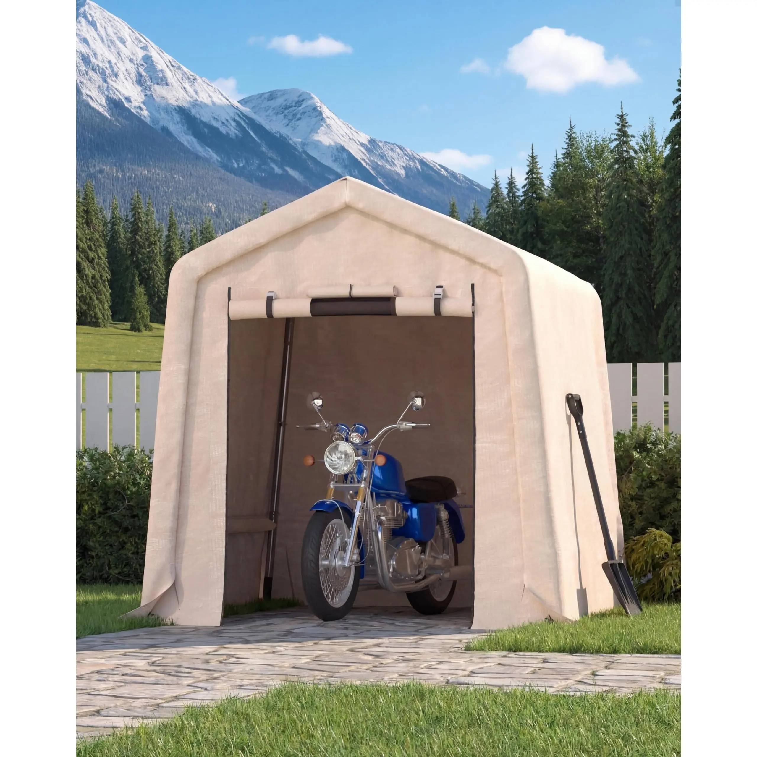 Garvee 6X6Ft Outdoor Storage Shed, Portable Garage with Roll-Up Door & Vent, 240G Heavy-Duty Waterproof PE Tarp & UV-Resistant, Carport Tent for Motorcycle, Firewood, Garden Tools, Khaki