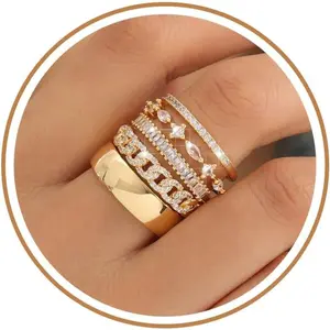Stackable Gold Rings for Women Non Tarnish Trendy Dainty 14K Gold Plated Stacking Cubic Zirconia Thumb Ring Set Pack Statement Chunky Band Rings Promise Engagement Rings Size 7 8 9 10 11