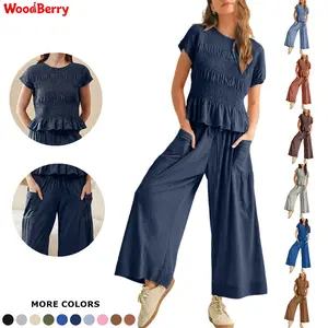 WoodBerry Lady's 2-Piece Smocked Short-Sleeve Crewneck Top & High-Waisted Wide-Leg Pants Set, Casual Boho Minimalist Basic Lounge Outfit with Pockets, Fitted Women's Matching Set, Shortsleeve