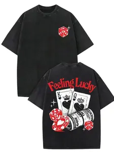 Men's Casual Crew Neck Short Sleeve Retro Casino Graphic Tshirt Top (1 PCS) - Menswear Streetwear, Distressed Vintage Finish, Front Mini Red Dice Print, Back Bold Red 'Feeling Lucky' Letter Print, Artistic King & Queen Illustration, Father's Day Gift