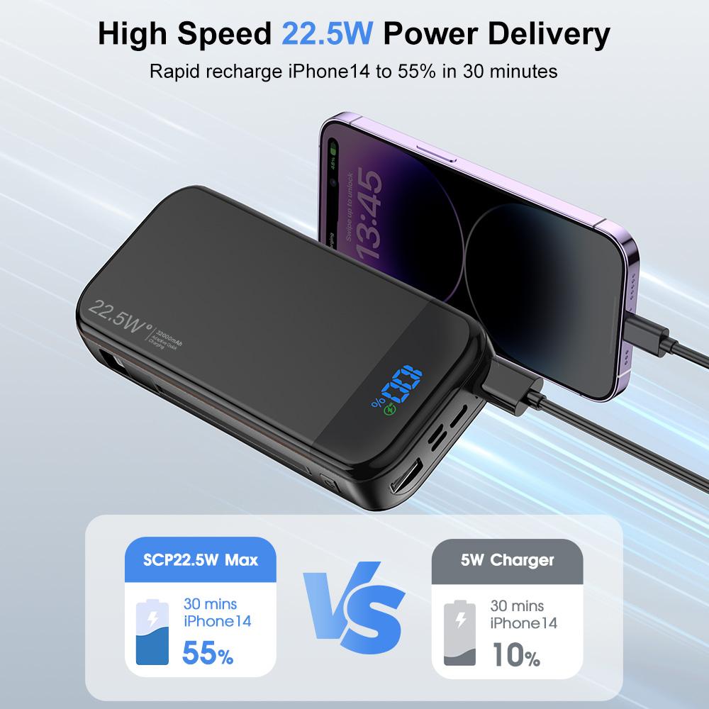 32000mAh Portable Charger with Built-in USB-C & Lightning Cables, 20W Fast Charging Power Bank, LED Display, Portable Battery Pack for iPhone 16/15/14, Samsung Galaxy, iPad & USB-C Devices