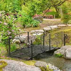 6' Metal Arch Backyard Garden Bridge with Safety Siderails Arc Footbridge for Creek Stream Pond 72.5" L x 31" W x 21.75" H 330 lbs Capacity Outdoor Ready with Exquisite Vine Pattern and Protective Powder Coating