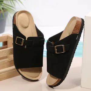 Women's Sandals Single Buckle Cork Footbed Slides Adjustable Strap Suede Slippers for Summer Beach & Daily Wear