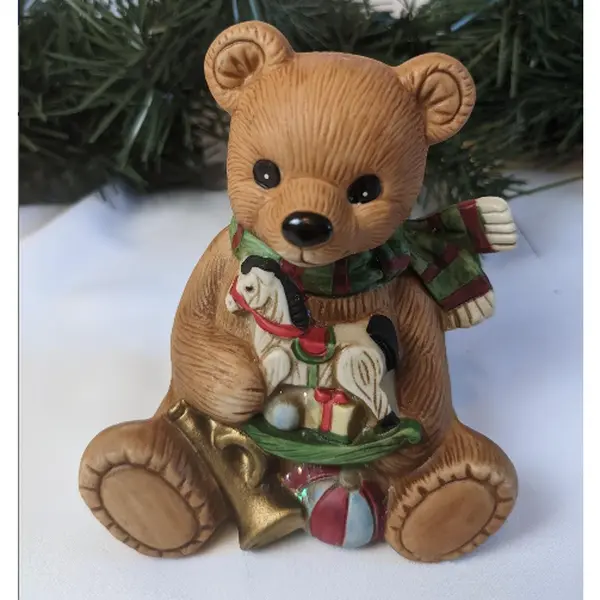 Vintage Homco Christmas Boy Bear Porcelain Figurine