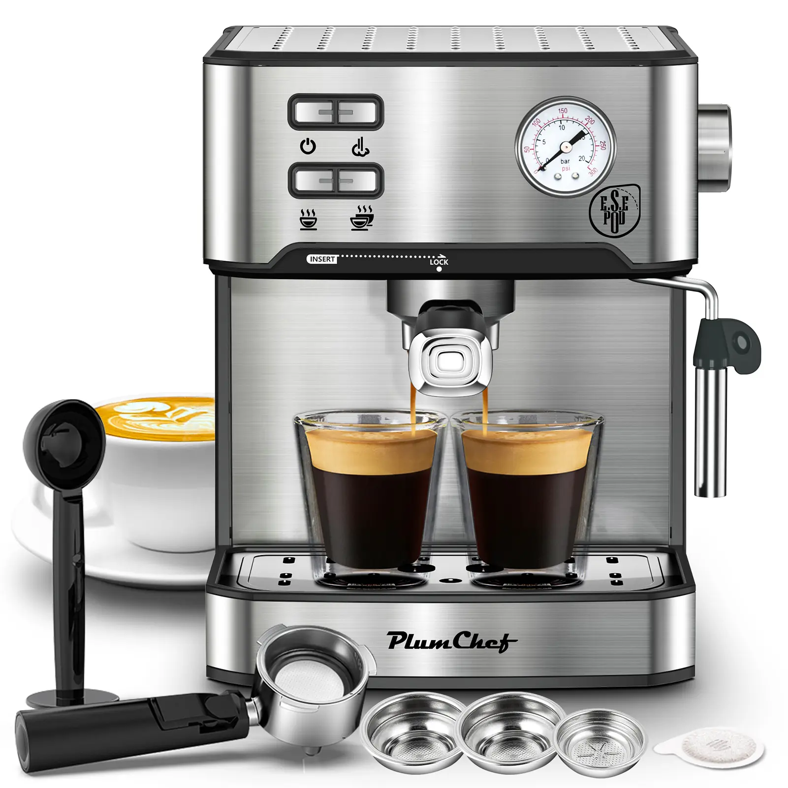 20 Bar Automatic Coffee Espresso Maker - Automatic Espresso Machine with Milk Frother, Single & Double Shot, ESE Pod Compatible, Pressure Display, Removable Water Tank, Programmable Timer, Home Barista Tool for Cappuccino, Latte