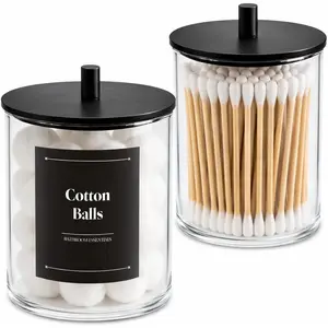 Glass Qtip Holder Dispenser Set - 15oz & 10oz  Swab Holder with Black Wooden ,  Jar Bathroom Storage Canisters for  Balls, Floss Picks,  Organizer Container (2 Pack)