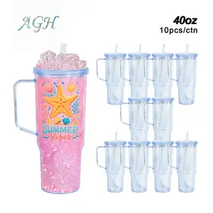 AGH US 10-Pack New Collection 40OZ Double Wall Plastic Snow Globe Tumbler, Leak Proof Design With Bubble Tea Straw, Pre Drilled Hole And Plugs For DIY Snow Globe