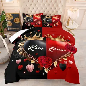 King & Queen Pattern Printed Comforter Set，Includes Filled Blanket & Pillowcase(s), Gothic Heart Design Bedding for Couples' Bedroom Decor, Soft Bedding Sets