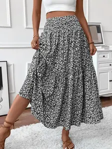 & Ditsy Floral Tiered A-Line Midi Skirt, Boho Style, High Waist, All over Print, Fitted, Long Skirt, All Seasons