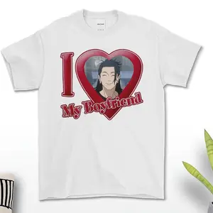 I Love My Boyfriend Tee, Soft Jujutsu Kaisen graphic featuring Suguru Geto, heart meme design, perfect for fangirls and anime fans, For Men, For Women