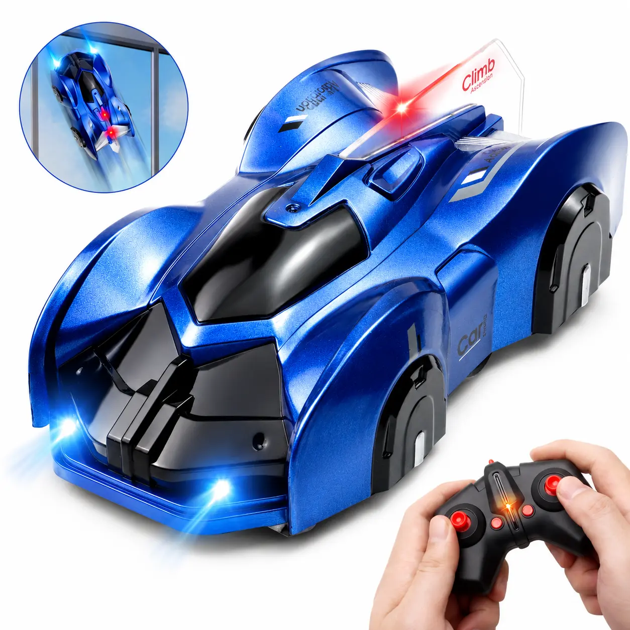 Wall Climbing RC Car for Kids, Rechargeable Remote Control Stunt Car with LED Lights, Indoor Wall Racer Toy for Smooth Walls Ceiling Window