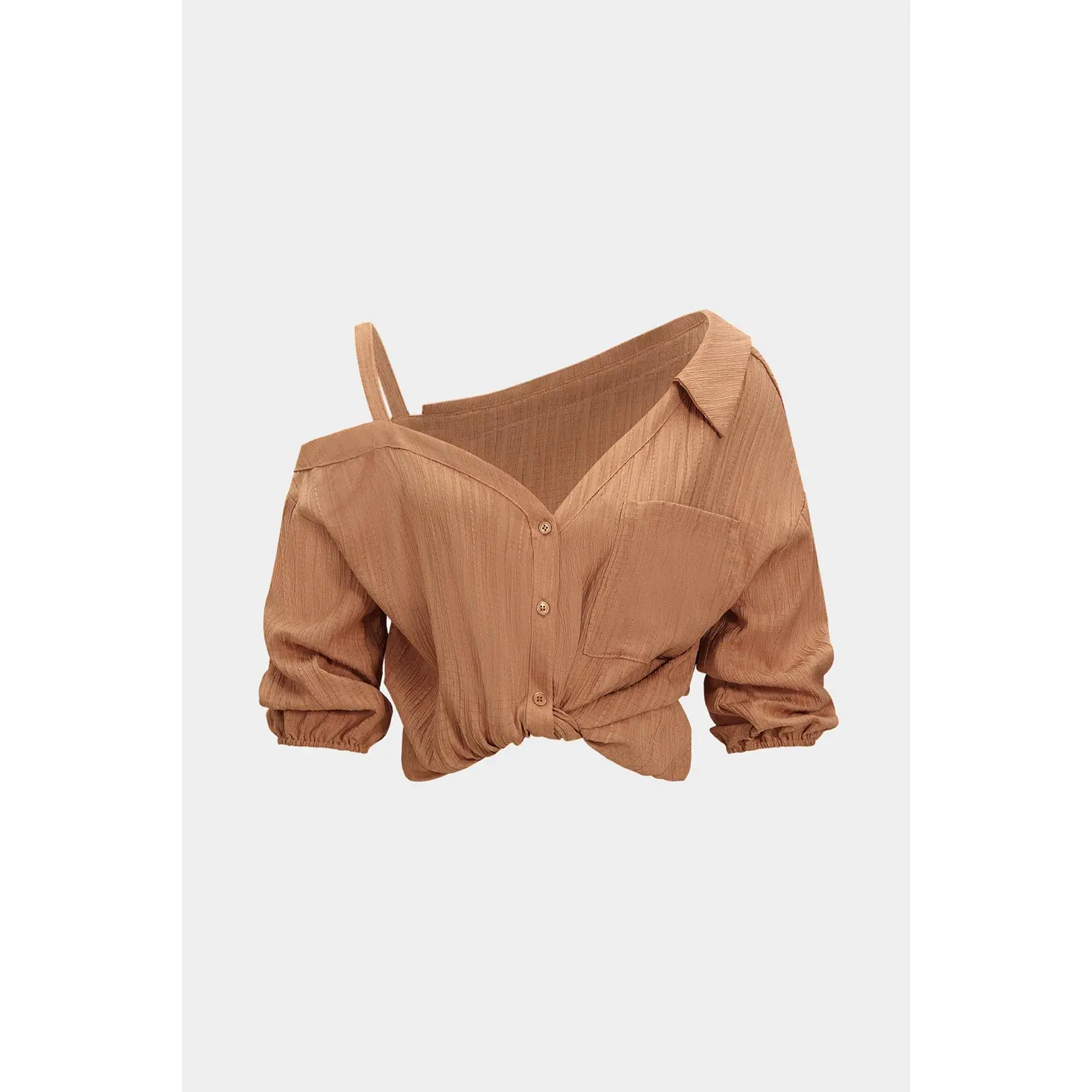 Women's Polyester Shirt, Asymmetrical Backless Long Sleeve Button-Front Blouse with Textured Fabric, Loose Fit Top, Shirt Blouse, Backless Tops, Button Up Blouse