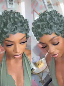 Short Layered Pixie Cut Human Hair Wigs With Bangs Natural Black Color  Short Curly Human Hair Wig, Glueless Black Wig