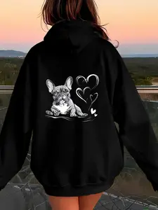 Women's French Bulldog Hoodie - Cute Little Dog and Heart Shaped Back Printed Black Dog Sportswear, Soft Neutral Pet Lover Gift, Comfortable Casual Wear Suitable for Daily Wearing