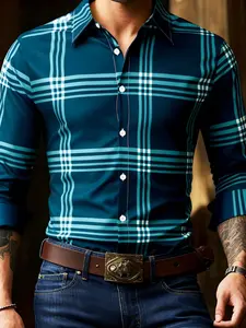 Men's Classic Design Long Sleeve Plaid Shirt, Casual Button Collared, Single Button Front, Striped Pattern, Suitable for Spring Summer Fall, Office Business Casual Formal
