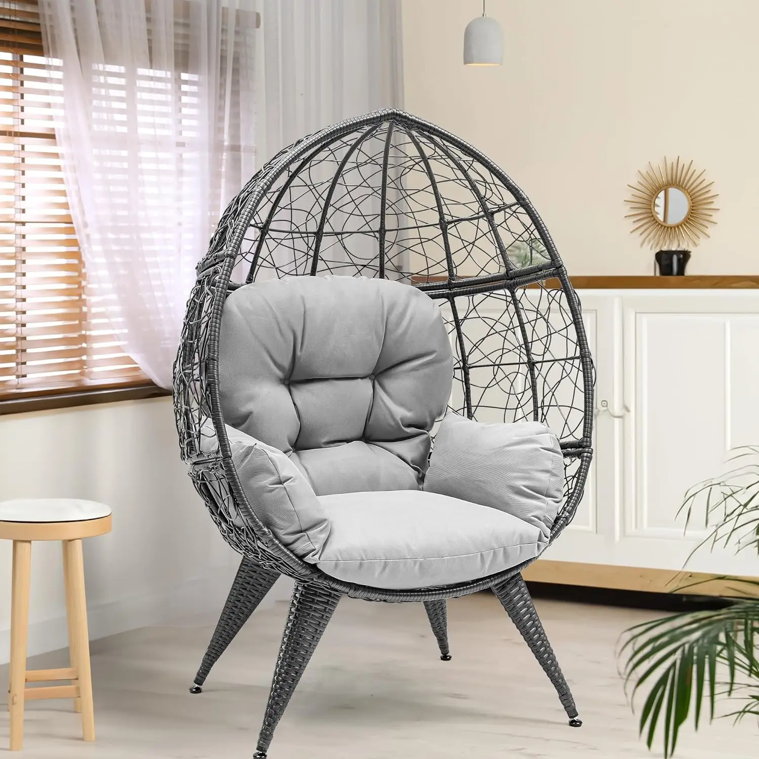 Yitahome Egg Chair Wicker Oversized Large Lounger with Stand Cushion Egg Basket Chair 330lbs Capacity for Patio, Garden, Backyard, Balcony-Grey/Beige
