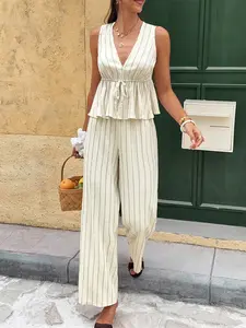 2-Piece Outfit, Boho Style Casual Striped Top & Flowy Trousers, Tie-Waist Detail for Beach Days & City Walks, Womenswear