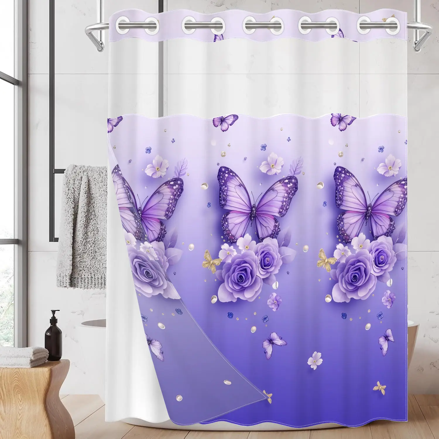 1pc hookless Flower Shower Curtain with buckle lining, purple floral design, 2D flat printing, waterproof lining, see-through double-layer, 71 x 74 inches, Floral Shower Curtains For Bathroom, Shower Curtain Liner, Bathroom Accessory