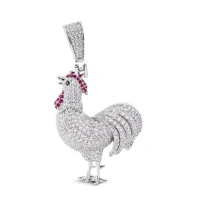 Rhodium Plated 925 Sterling Silver Chicken Red and Clear CZ Pendant